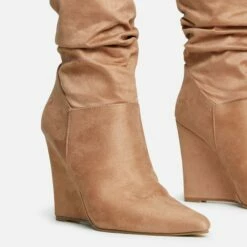 EGO Baize Pointed Toe Wedge Heel Slouched Ankle Boot In Nude Faux Suede -EGO Sales Store 30 11 22 fw31558 sq