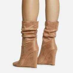 EGO Baize Pointed Toe Wedge Heel Slouched Ankle Boot In Nude Faux Suede -EGO Sales Store 30 11 22 fw31559 sq