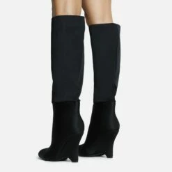 EGO Lennox Pointed Toe Wedge Heel Knee High Long Boot In Black Lycra -EGO Sales Store 30 11 22 fw31570 sq
