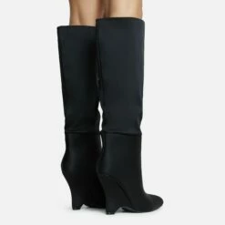 EGO Lennox Pointed Toe Wedge Heel Knee High Long Boot In Black Lycra -EGO Sales Store 30 11 22 fw31571 sq