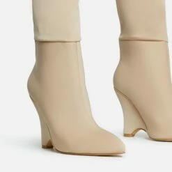 EGO Lennox Pointed Toe Wedge Heel Knee High Long Boot In Nude Lycra -EGO Sales Store 30 11 22 fw31581 sq