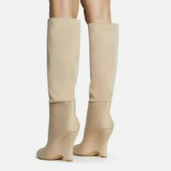 EGO Lennox Pointed Toe Wedge Heel Knee High Long Boot In Nude Lycra -EGO Sales Store 30 11 22 fw31582 sq