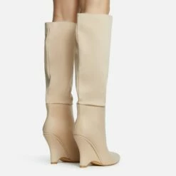 EGO Lennox Pointed Toe Wedge Heel Knee High Long Boot In Nude Lycra -EGO Sales Store 30 11 22 fw31583 sq