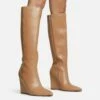 EGO Rowen Pointed Toe Wedge Heel Knee High Long Boot In Nude Faux Leather -EGO Sales Store 30 11 22 fw31591 sq