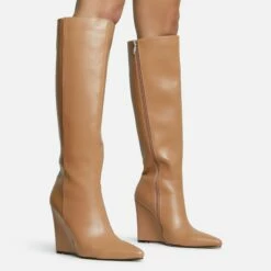 EGO Rowen Pointed Toe Wedge Heel Knee High Long Boot In Nude Faux Leather