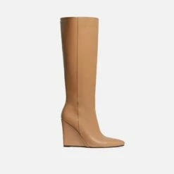 EGO Rowen Pointed Toe Wedge Heel Knee High Long Boot In Nude Faux Leather -EGO Sales Store 30 11 22 fw31596 sq