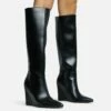 EGO Rowen Pointed Toe Wedge Heel Knee High Long Boot In Black Faux Leather -EGO Sales Store 30 11 22 fw31597 sq