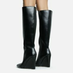 EGO Rowen Pointed Toe Wedge Heel Knee High Long Boot In Black Faux Leather -EGO Sales Store 30 11 22 fw31600 sq