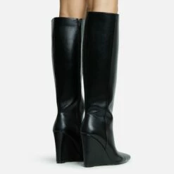 EGO Rowen Pointed Toe Wedge Heel Knee High Long Boot In Black Faux Leather -EGO Sales Store 30 11 22 fw31601 sq