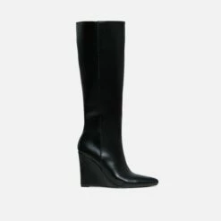 EGO Rowen Pointed Toe Wedge Heel Knee High Long Boot In Black Faux Leather -EGO Sales Store 30 11 22 fw31602 sq