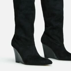 EGO Bronwyn Pointed Toe Wedge Heel Knee High Long Boot In Black Faux Suede -EGO Sales Store 30 11 22 fw31618 sq