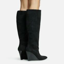EGO Bronwyn Pointed Toe Wedge Heel Knee High Long Boot In Black Faux Suede -EGO Sales Store 30 11 22 fw31620 sq