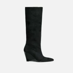EGO Bronwyn Pointed Toe Wedge Heel Knee High Long Boot In Black Faux Suede -EGO Sales Store 30 11 22 fw31621 sq