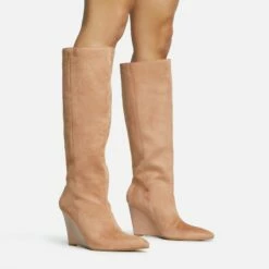 Front Page 11 EGO Bronwyn Pointed Toe Wedge Heel Knee High Long Boot In Nude Faux Suede