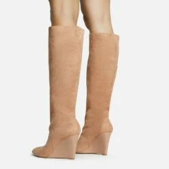 EGO Bronwyn Pointed Toe Wedge Heel Knee High Long Boot In Nude Faux Suede -EGO Sales Store 30 11 22 fw31626 sq