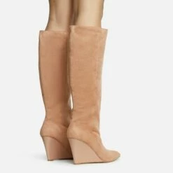 EGO Bronwyn Pointed Toe Wedge Heel Knee High Long Boot In Nude Faux Suede -EGO Sales Store 30 11 22 fw31627 sq