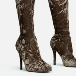 EGO Tallie Closed Toe Stiletto Heel Knee High Long Boot In Taupe Velvet -EGO Sales Store 30 11 22 fw31650 sq