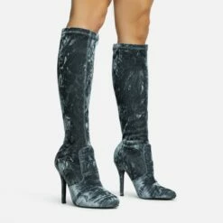 EGO Tallie Closed Toe Stiletto Heel Knee High Long Boot In Grey Velvet