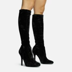 Front Page 9 EGO Tallie Closed Toe Stiletto Heel Knee High Long Boot In Black Velvet