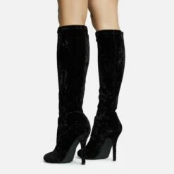 EGO Tallie Closed Toe Stiletto Heel Knee High Long Boot In Black Velvet -EGO Sales Store 30 11 22 fw31669 sq