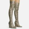 EGO Fired-Up Pointed Toe Wedge Heel Over The Knee Thigh High Sock Boot In Snake Print Faux Leather -EGO Sales Store 30 11 22 fw31684 sq