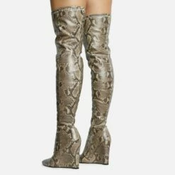 EGO Fired-Up Pointed Toe Wedge Heel Over The Knee Thigh High Sock Boot In Snake Print Faux Leather -EGO Sales Store 30 11 22 fw31687 sq