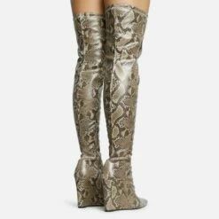 EGO Fired-Up Pointed Toe Wedge Heel Over The Knee Thigh High Sock Boot In Snake Print Faux Leather -EGO Sales Store 30 11 22 fw31688 sq
