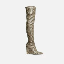 EGO Fired-Up Pointed Toe Wedge Heel Over The Knee Thigh High Sock Boot In Snake Print Faux Leather -EGO Sales Store 30 11 22 fw31689 sq