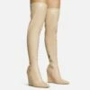EGO Fired-Up Pointed Toe Wedge Heel Over The Knee Thigh High Sock Boot In Nude Faux Leather -EGO Sales Store 30 11 22 fw31690 sq