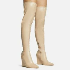 Front Page 7 EGO Fired-Up Pointed Toe Wedge Heel Over The Knee Thigh High Sock Boot In Nude Faux Leather