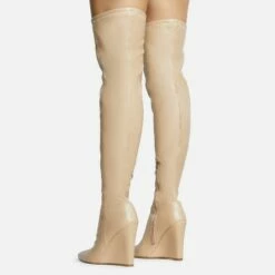 EGO Fired-Up Pointed Toe Wedge Heel Over The Knee Thigh High Sock Boot In Nude Faux Leather -EGO Sales Store 30 11 22 fw31693 sq