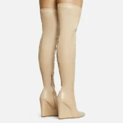 EGO Fired-Up Pointed Toe Wedge Heel Over The Knee Thigh High Sock Boot In Nude Faux Leather -EGO Sales Store 30 11 22 fw31694 sq