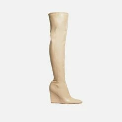 EGO Fired-Up Pointed Toe Wedge Heel Over The Knee Thigh High Sock Boot In Nude Faux Leather -EGO Sales Store 30 11 22 fw31696 sq