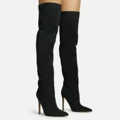 EGO Roux Pointed Toe Stiletto Heel Over The Knee Thigh High Long Slouch Boot In Black Faux Suede