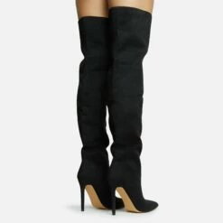 EGO Roux Pointed Toe Stiletto Heel Over The Knee Thigh High Long Slouch Boot In Black Faux Suede -EGO Sales Store 30 11 22 fw31707 sq