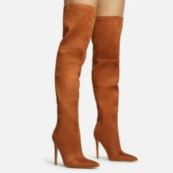 EGO Roux Pointed Toe Stiletto Heel Over The Knee Thigh High Long Slouch Boot In Tan Brown Faux Suede