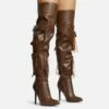 EGO Rough-Rider Multi Pocket Detail Pointed Toe Stiletto Heel Over The Knee Thigh High Boot In Brown Faux Leather -EGO Sales Store 30 11 22 fw31716 s