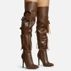 EGO Rough-Rider Multi Pocket Detail Pointed Toe Stiletto Heel Over The Knee Thigh High Boot In Brown Faux Leather