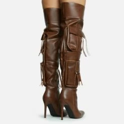 EGO Rough-Rider Multi Pocket Detail Pointed Toe Stiletto Heel Over The Knee Thigh High Boot In Brown Faux Leather -EGO Sales Store 30 11 22 fw31719 sb2