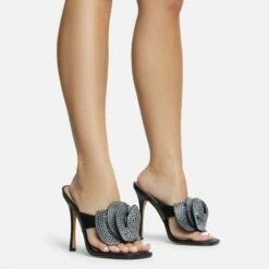 EGO Bouquet Oversized Diamante Rose Detail Thong Strap Square Toe Stiletto Heel Mule In Black Faux Leather -EGO Sales Store 30 11 22 fw31743 sq