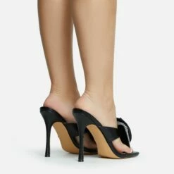 EGO Bouquet Oversized Diamante Rose Detail Thong Strap Square Toe Stiletto Heel Mule In Black Faux Leather -EGO Sales Store 30 11 22 fw31746 sq