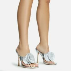 EGO Bouquet Oversized Diamante Rose Detail Thong Strap Square Toe Stiletto Heel Mule In Silver Faux Leather -EGO Sales Store 30 11 22 fw31748 sq