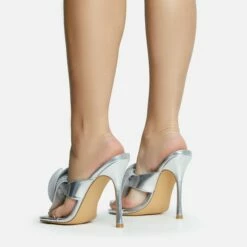 EGO Bouquet Oversized Diamante Rose Detail Thong Strap Square Toe Stiletto Heel Mule In Silver Faux Leather -EGO Sales Store 30 11 22 fw31750 sq
