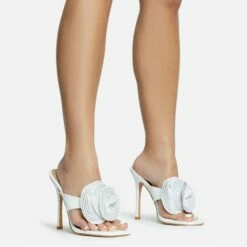 EGO Bouquet Oversized Diamante Rose Detail Thong Strap Square Toe Stiletto Heel Mule In White Faux Leather -EGO Sales Store 30 11 22 fw31753 sq