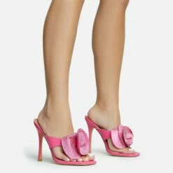 EGO Bouquet Oversized Diamante Rose Detail Thong Strap Square Toe Stiletto Heel Mule In Pink Faux Leather -EGO Sales Store 30 11 22 fw31758 sq