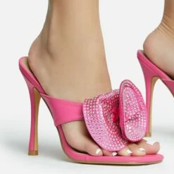 EGO Bouquet Oversized Diamante Rose Detail Thong Strap Square Toe Stiletto Heel Mule In Pink Faux Leather -EGO Sales Store 30 11 22 fw31759 sq