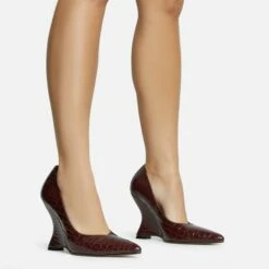 EGO In-Your-Soul Pointed Toe Cut Out Wedge Court Heel In Brown Croc Print Faux Leather -EGO Sales Store 30 11 22 fw31818 sqq