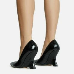 EGO In-Your-Soul Pointed Toe Cut Out Wedge Court Heel In Black Croc Print Faux Leather -EGO Sales Store 30 11 22 fw31825 sb