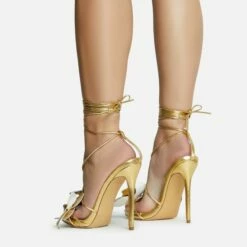EGO Blooming Lace Up Flower Detail Platform Stiletto Heel In Gold Faux Leather -EGO Sales Store 30 11 22 fw31851