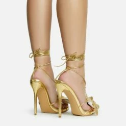 EGO Blooming Lace Up Flower Detail Platform Stiletto Heel In Gold Faux Leather -EGO Sales Store 30 11 22 fw31852